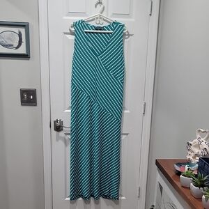 Nina Leonard 2X Teal and White Striped Maxi Dress
